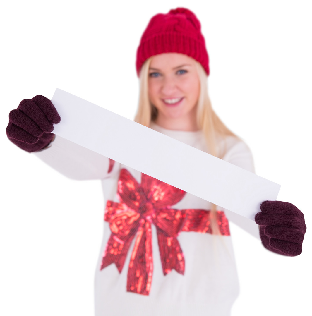 Transparent Festive Woman Holding Blank Banner Winter Clothing - Download Free Stock Images Pikwizard.com