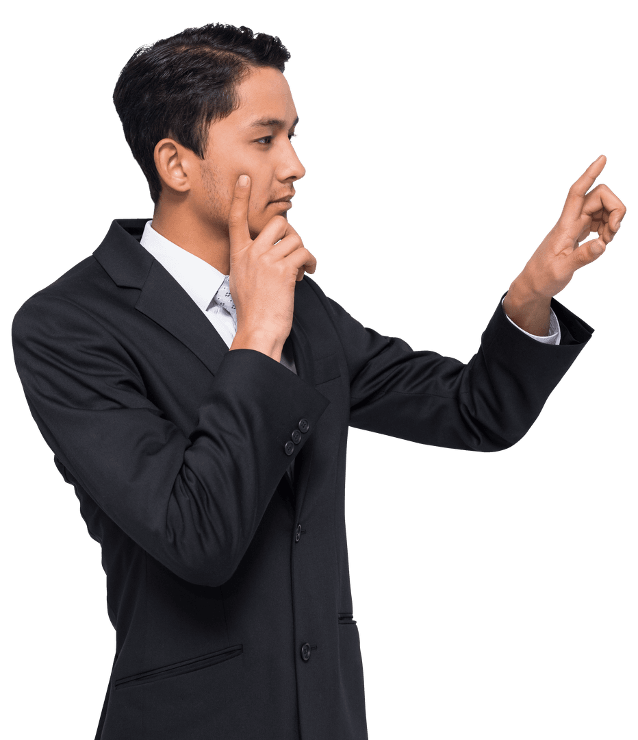 Transparent Asian Businessman Pointing with Focused Expression