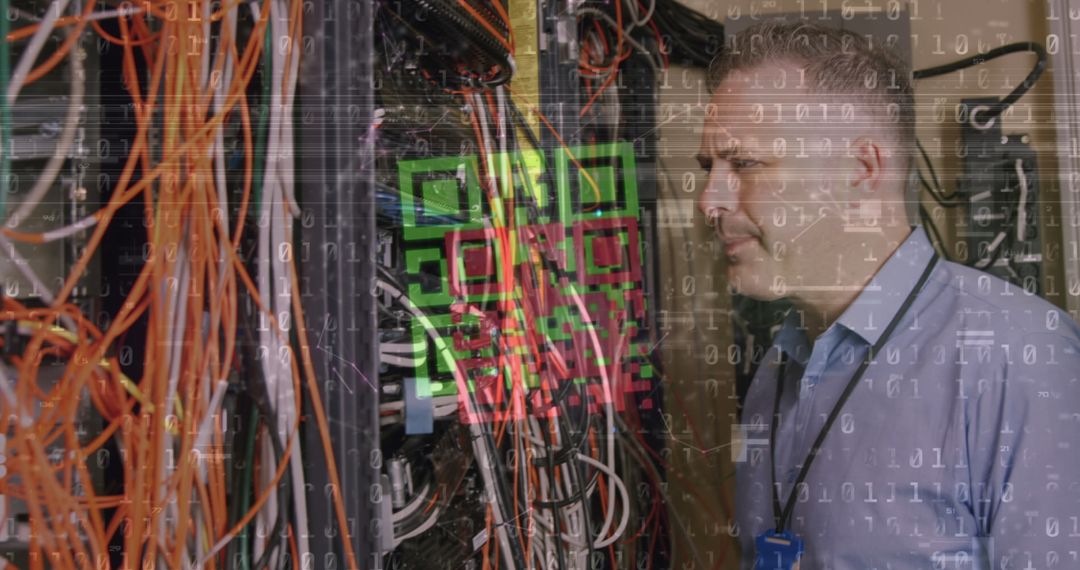 Caucasian Man Checking Servers with Digital Overlay