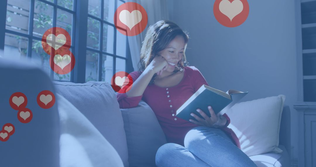 Woman Reading and Smiling with Social Media Icons Overlay