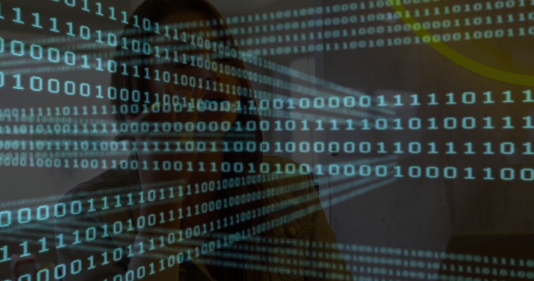 Binary Code Overlay on Woman Typing on Laptop, Immersed in Digital Data