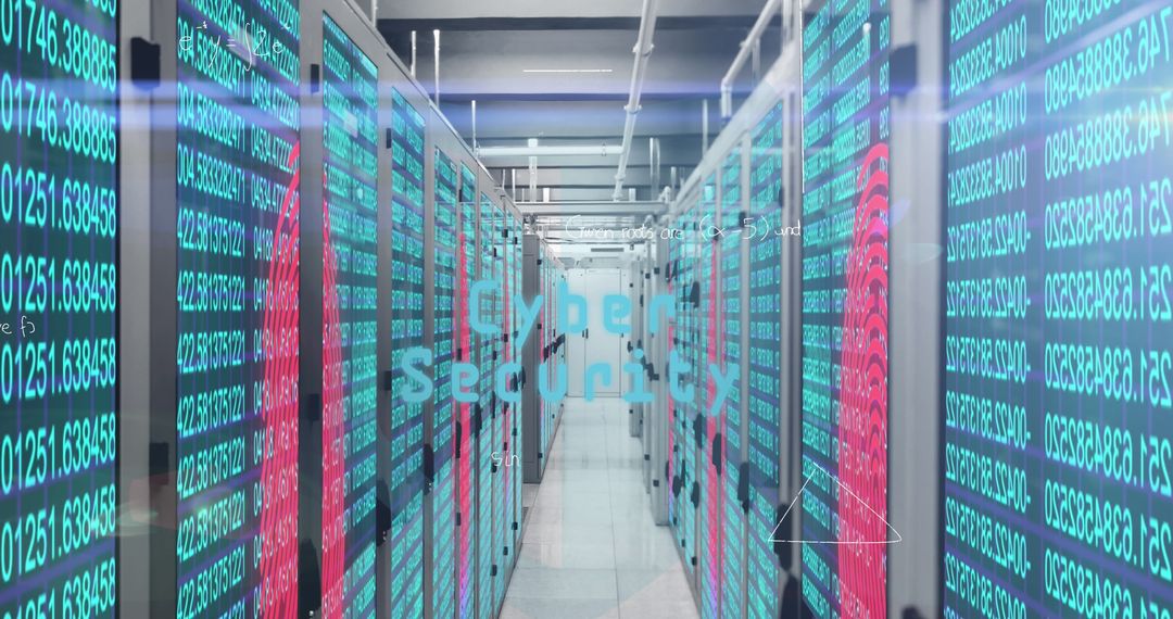 Futuristic Data Center with Cybersecurity Digital Overlay