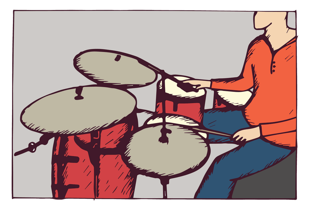 Transparent Illustrative Drummer Playing Set with Cymbals and Red Drums