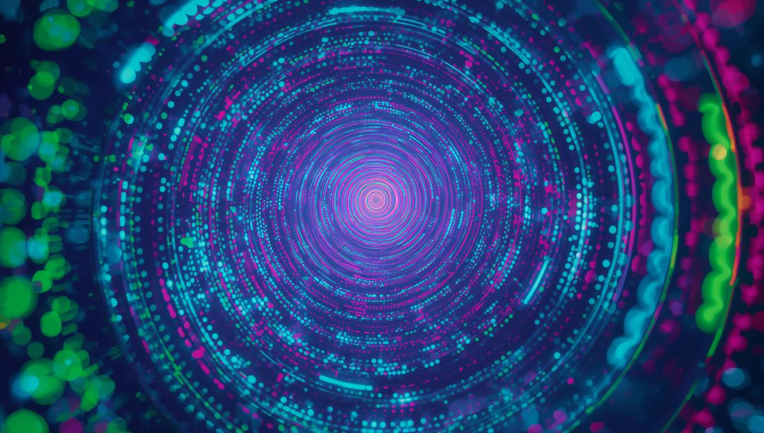 Neon Digital Vortex Rotating Toward Magenta Core with Concentric Dot Rings