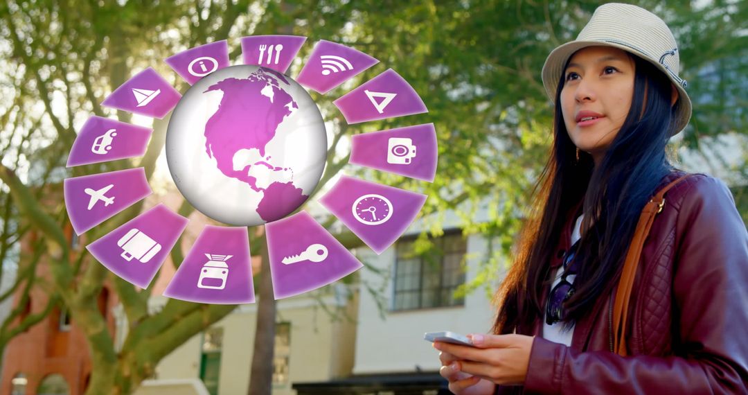 Woman Navigating Travel Apps Interface with Digital Icons Overlay