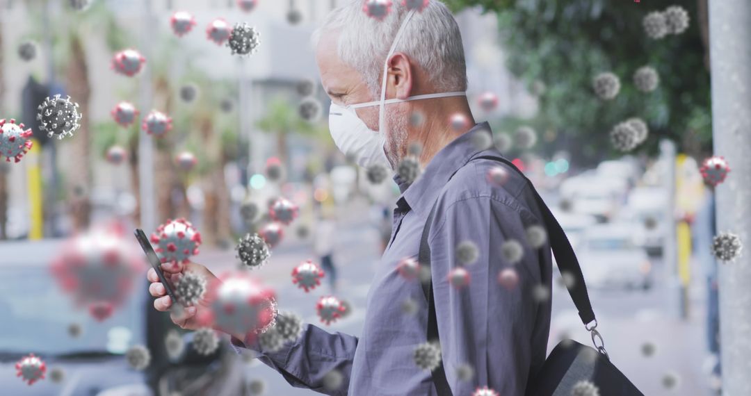 Senior Man in Face Mask with Covid-19 Virus Particles