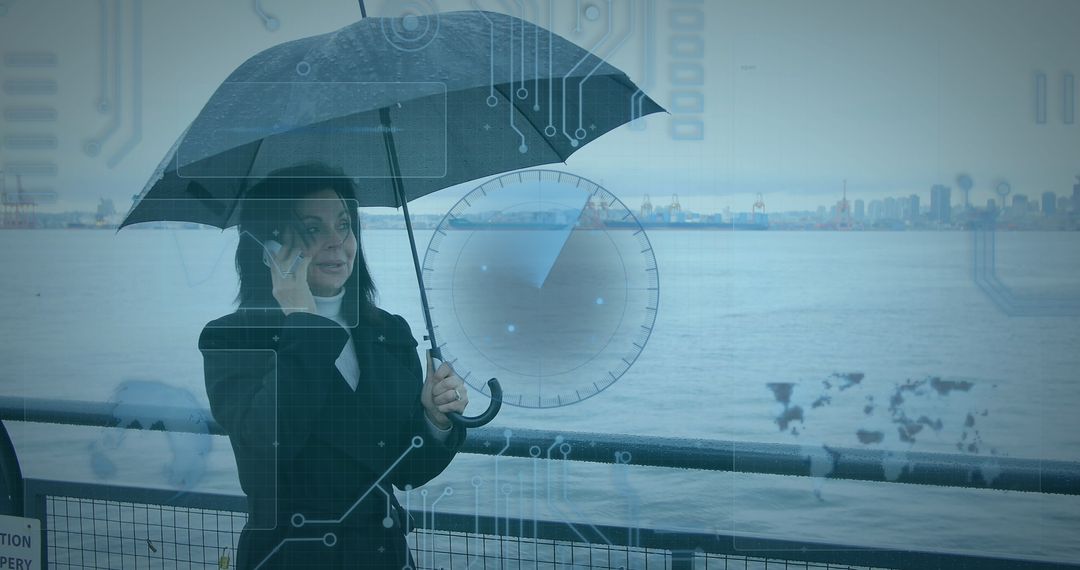 Businesswoman Using Smartphone in Rain with Futuristic Data Overlay