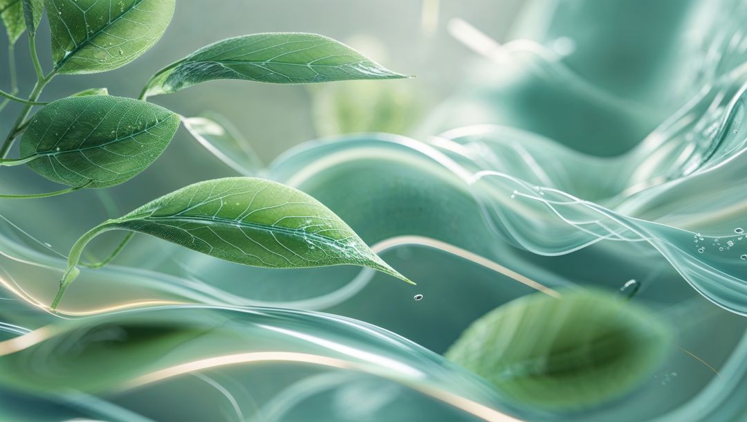 Green Leaf Branch Elegantly Draped Through Fluid Waves