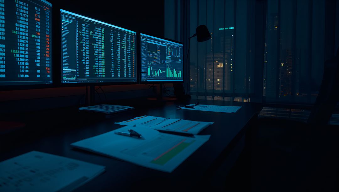 Nighttime Financial Data Analysis on Multiple Monitors in Modern Office