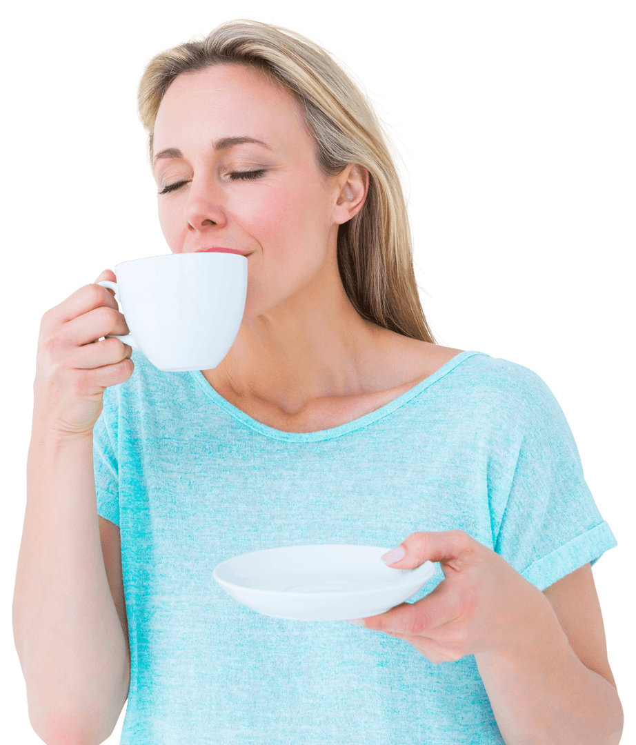 Peaceful Woman Enjoying Hot Drink with Eyes Closed On Isolated Background