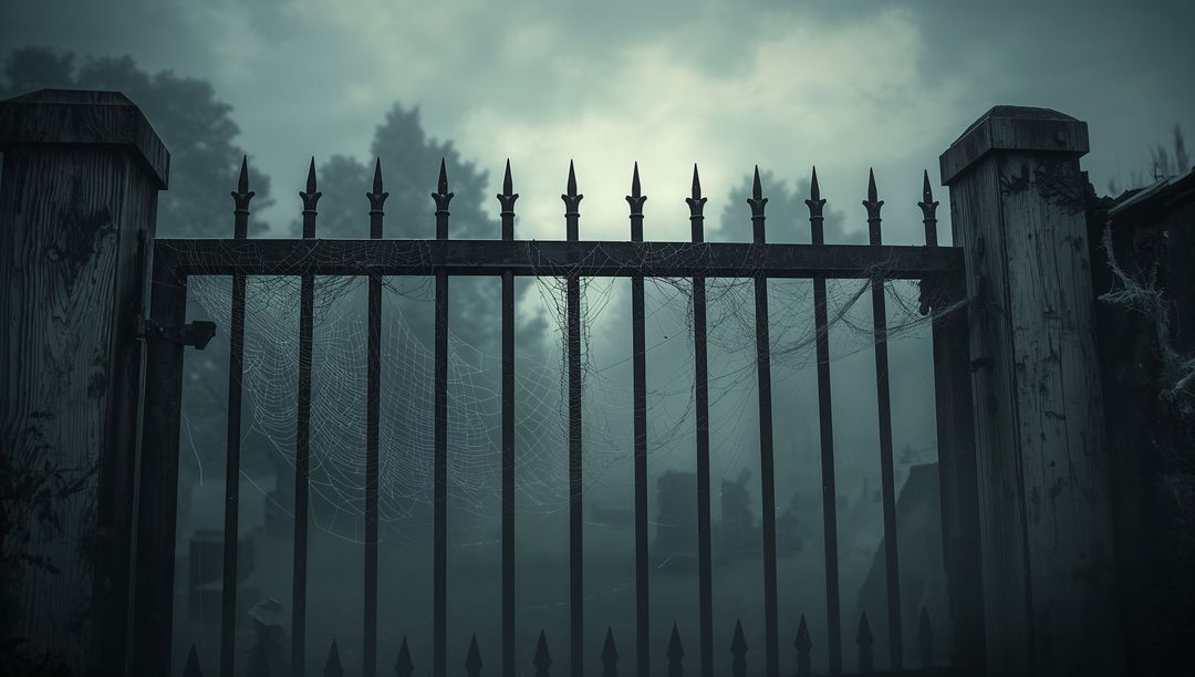 Haunted Graveyard Gate Covered in Spider Webs amid Fog