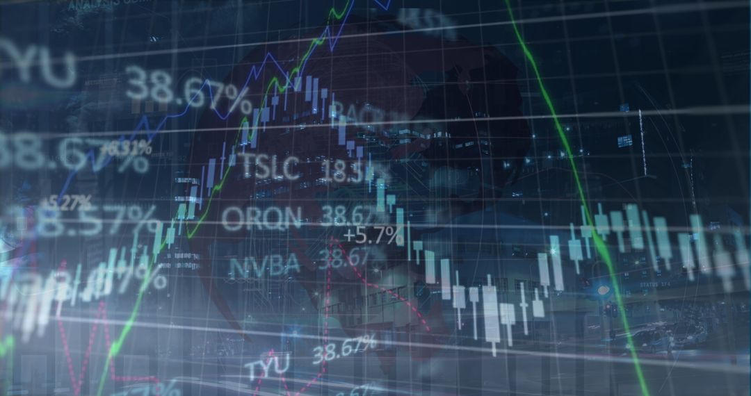 Financial Graphs and Data Overlay Night Cityscape Background