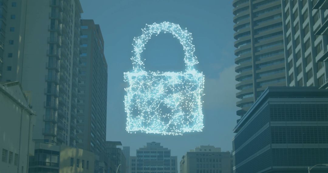 Digital Padlock Overlay on Urban Skyline Representing Online Security