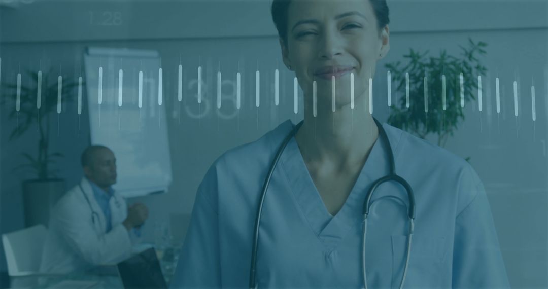 Smiling Healthcare Professional with Digital Data Overlay