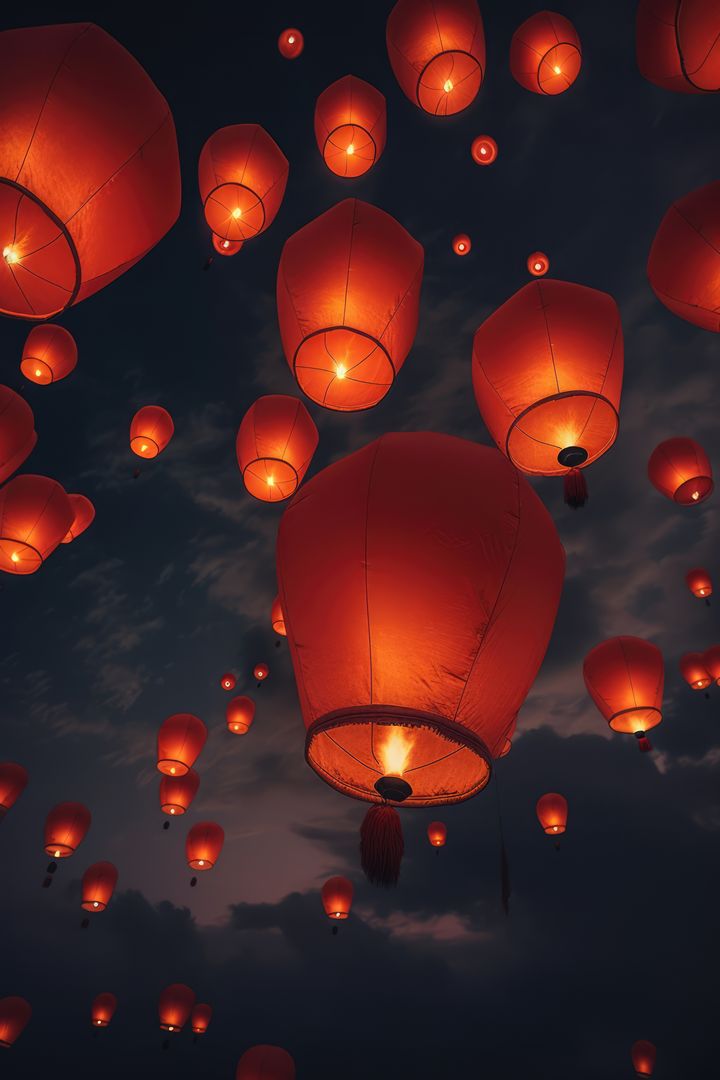 Multiple lighted chinese lanterns over sky with clouds created using generative ai technology - Free Images, Stock Photos and Pictures on Pikwizard.com