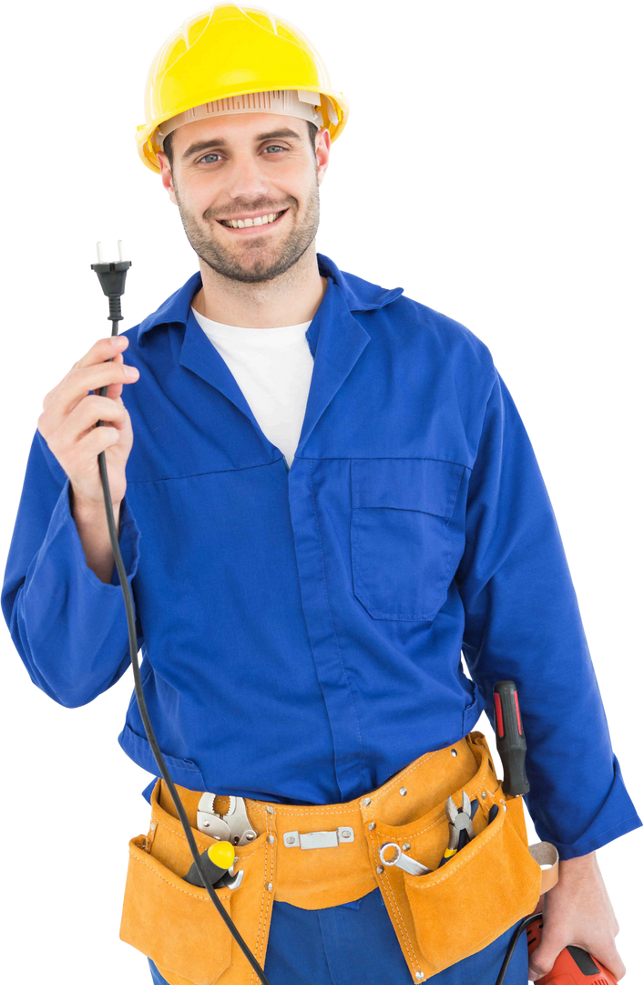 Male Electrician in Workwear Holding Electric Plug Transparent Background - Download Free Stock Images Pikwizard.com