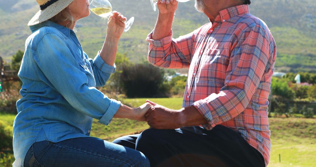 Senior Couple Enjoying Wine in Outdoor Scenic Location - Free Images, Stock Photos and Pictures on Pikwizard.com