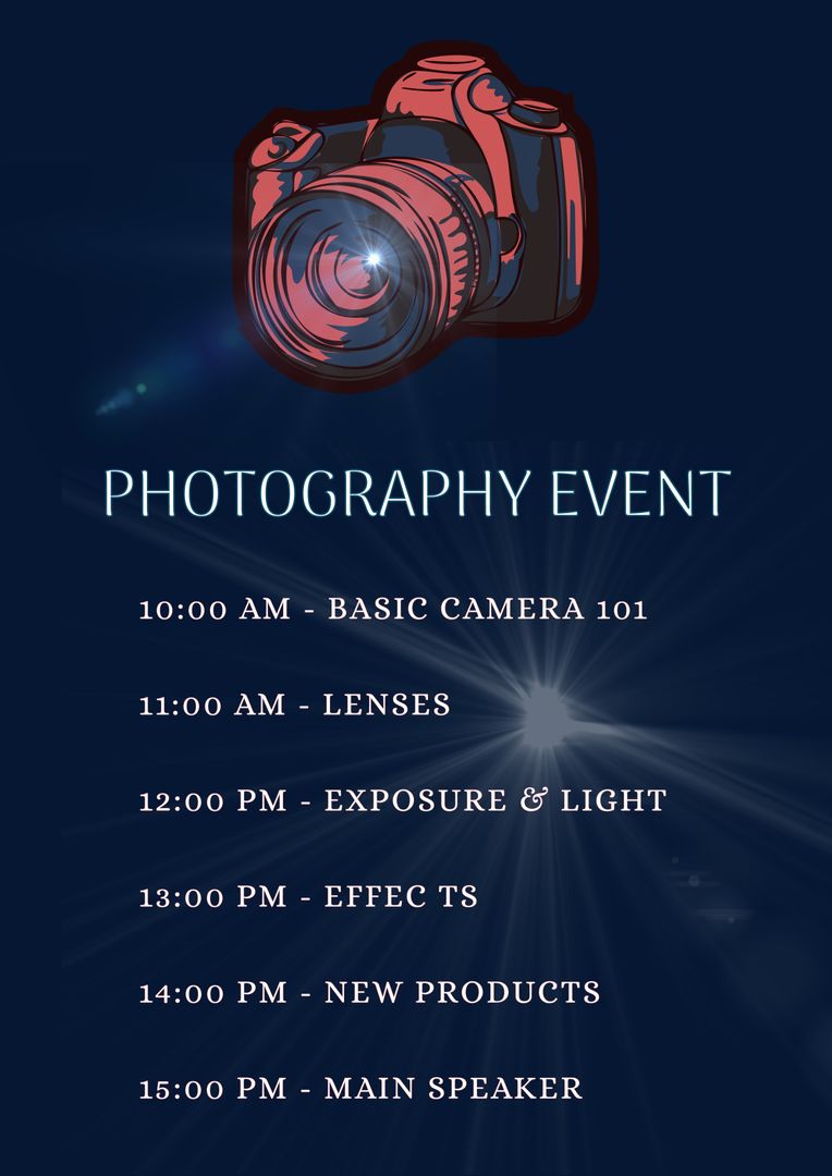 Photography Event Poster with Camera and Light Illustration
