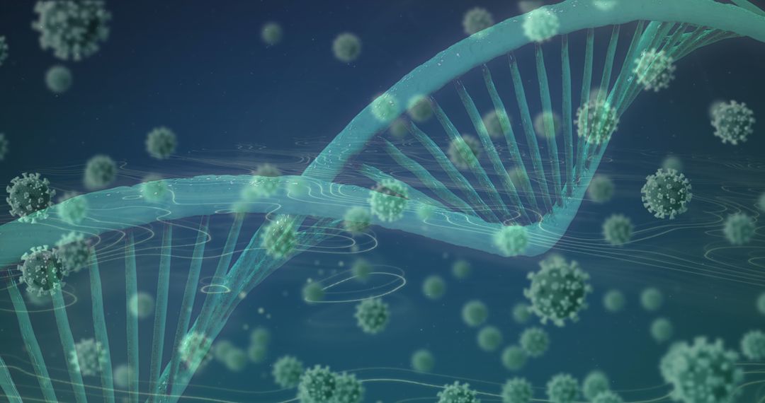 3D DNA Helix with Floating Coronavirus Particles in Digital Space