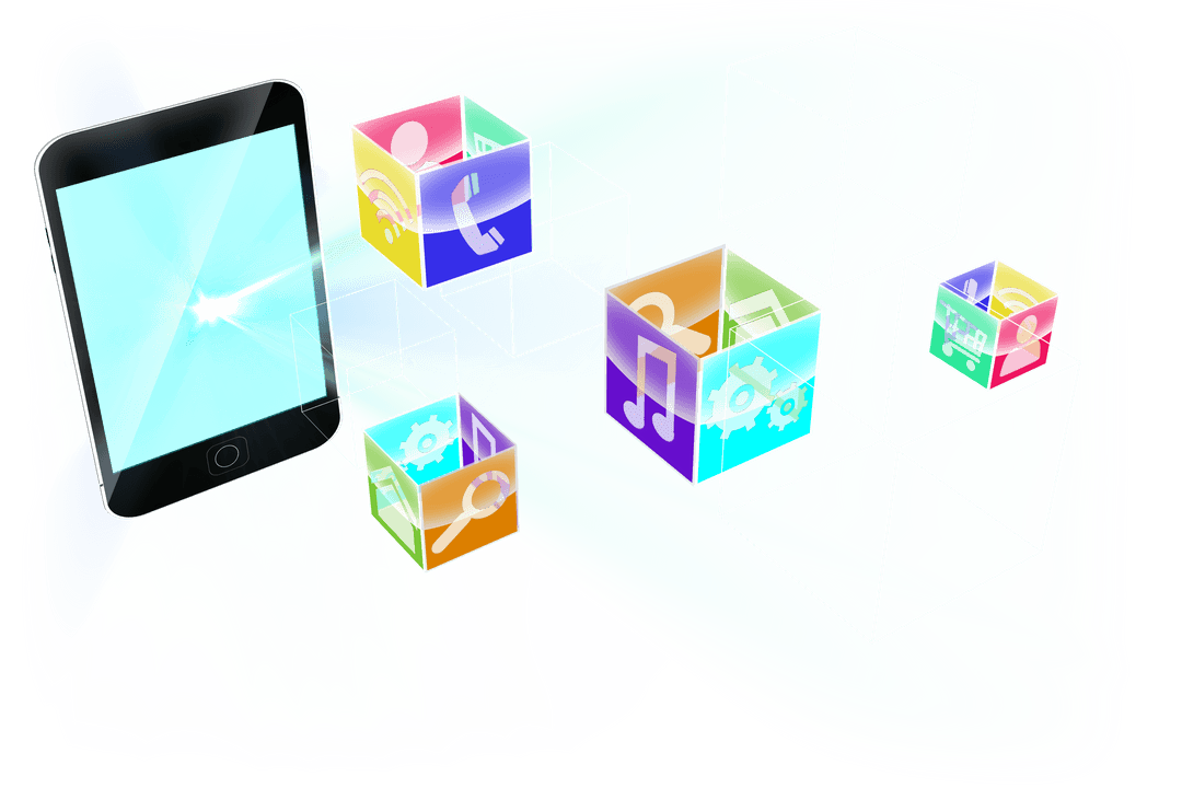Digital Smartphone with Symbolic Cubes on Transparent Background