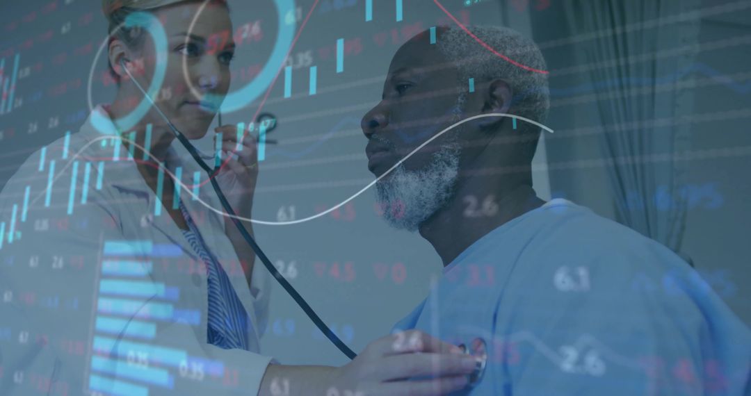 Doctor Checking Patient's Heartbeat with Financial Chart Overlay