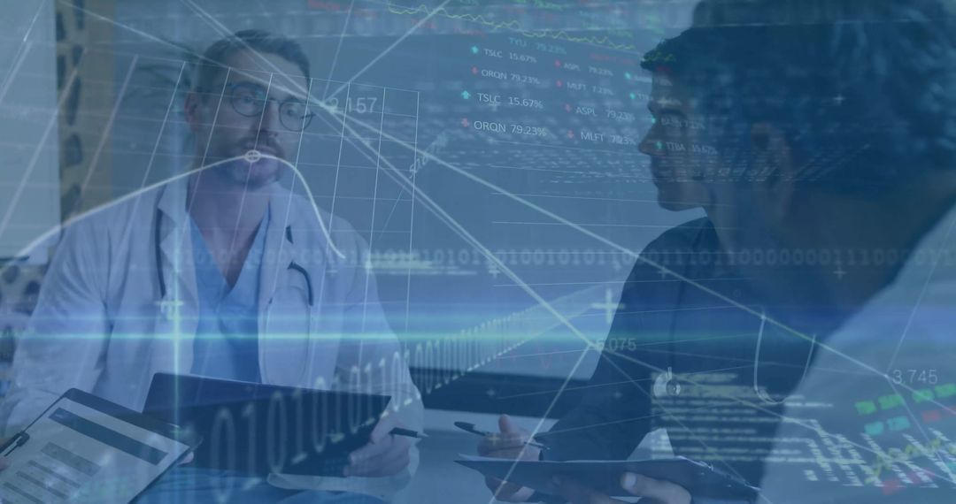 Doctors Collaborating with Financial Data Overlays Indicating Global Connectivity