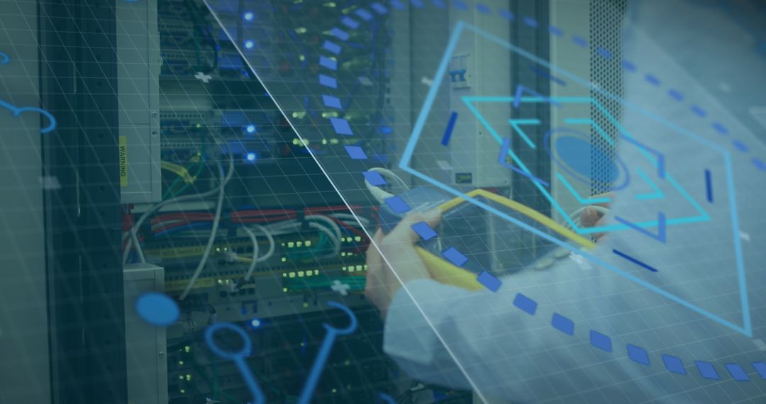 Technician Inspecting Computer Servers with Digital Interface Overlay