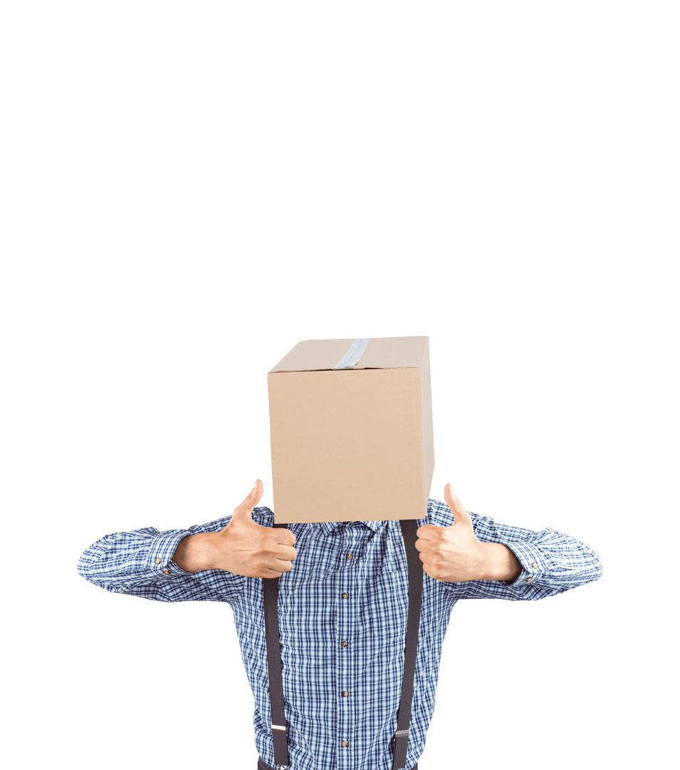 Transparent Businessman with Cardboard Box Head Giving Thumbs Up