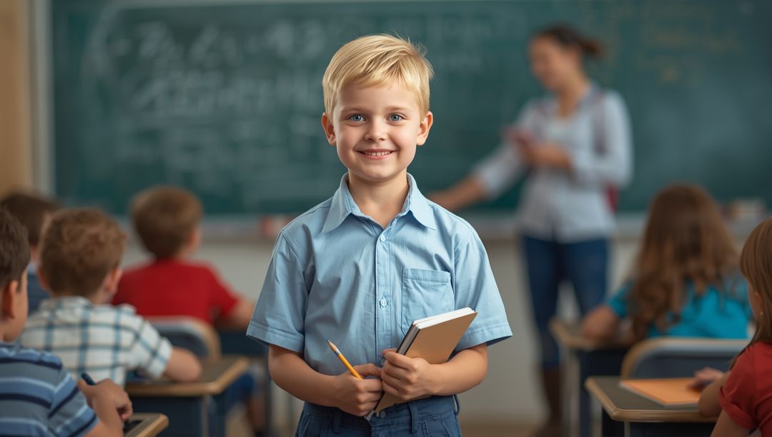Young Student Enthusiastically Engaging in Classroom Setting