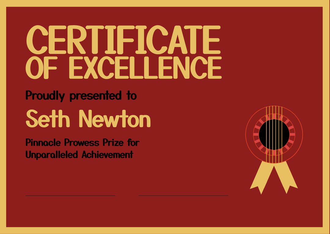 Bold Certificate of Excellence with Distinct Guitar Emblem - Download Free Stock Templates Pikwizard.com