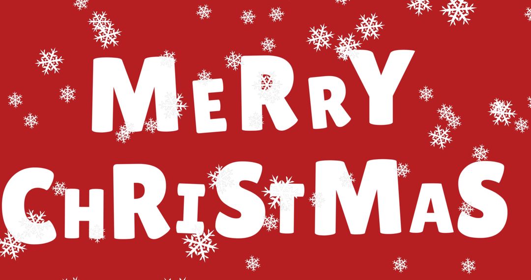 Playful Merry Christmas Text with Falling Snow on Red Background