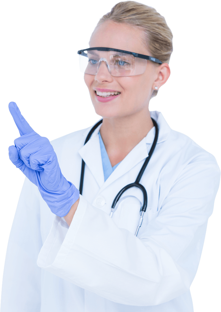 Smiling Female Doctor Interacting with Virtual Interface with Transparent Background