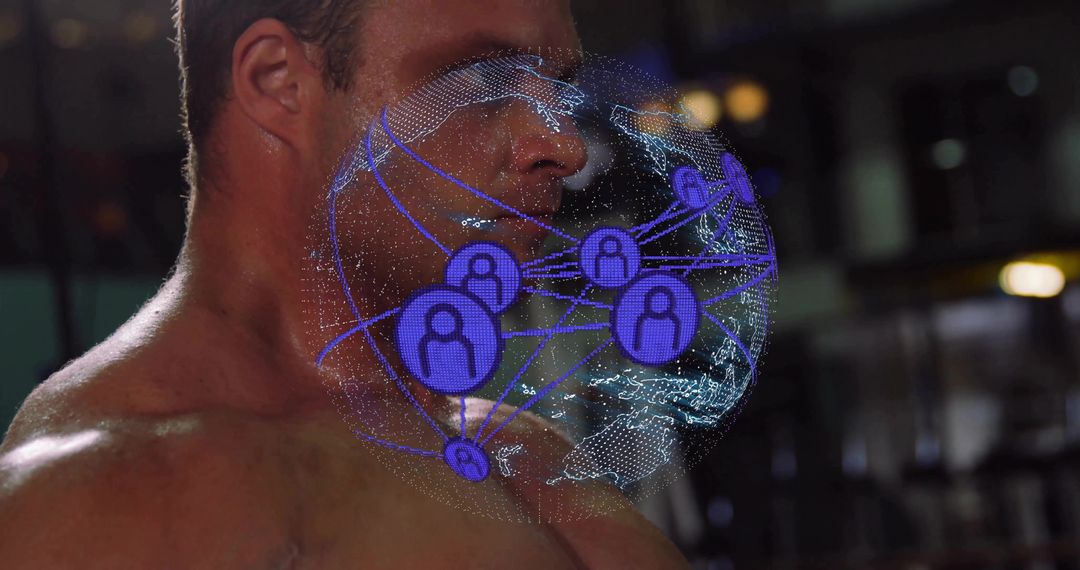 Shirtless Athlete Projecting Holographic Global Network with User Icons in Dim Gym