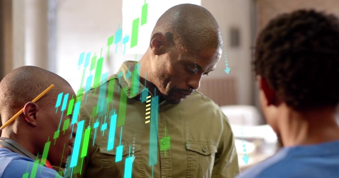 Father mentoring two boys in home finance learning with candlestick charts and study tools