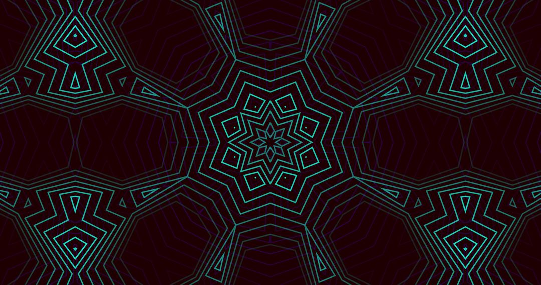 Radiating Teal Star Tessellation on Burgundy Background Neon Geometric Kaleidoscope Pattern
