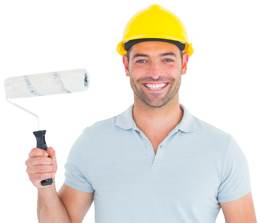 Smiling Worker Great Choice, Holding Paint Roller With Helmet - Transparent Background - Download Free Stock Images Pikwizard.com