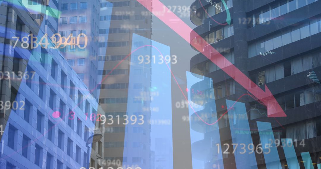Stock Market Decline Concept with Skyscrapers and Red Arrow