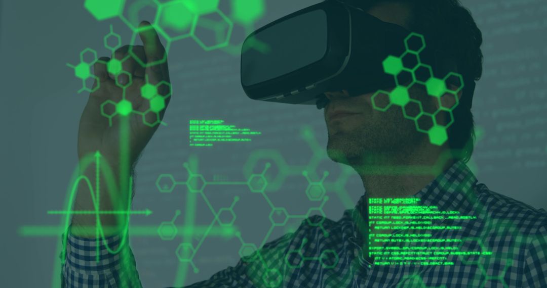 Man Wearing VR Headset Interacting with Virtual Scientific Data