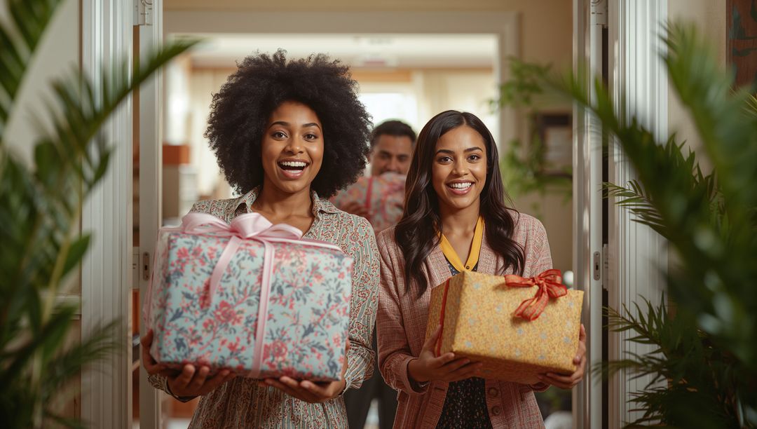 Diverse friends bringing gifts at home opening door