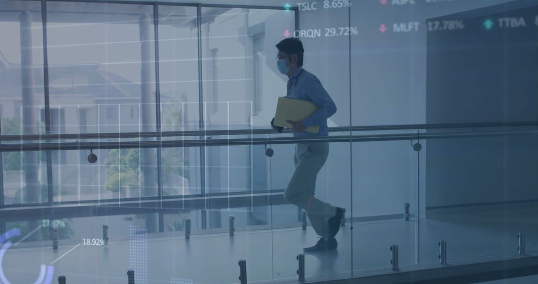 Business Professional Walking on Corridor with Face Mask and Documents