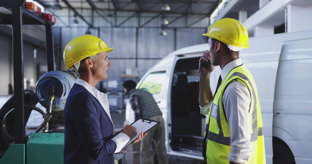 Supervisor discussing loading plan with foreman at warehouse loading bay