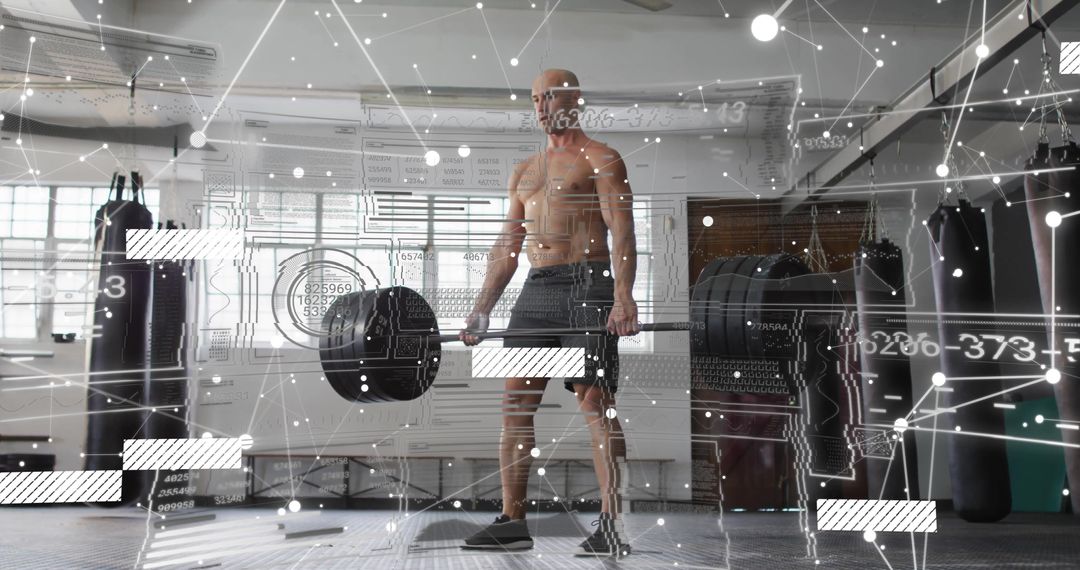 Determined Athlete Deadlifting Barbell with Digital Interfaces