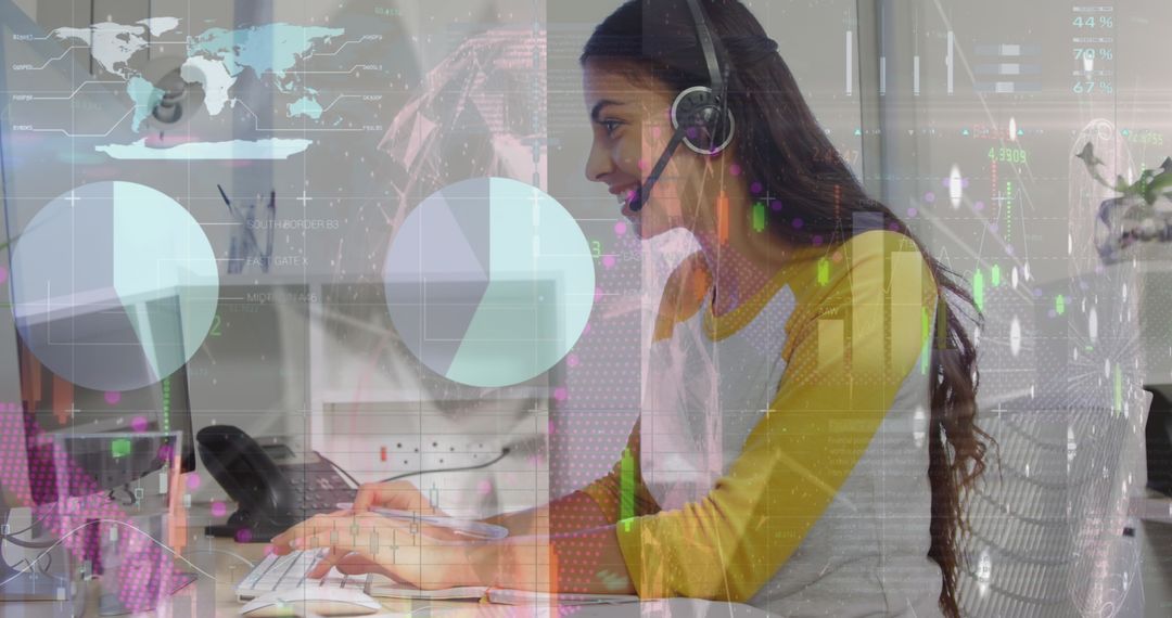 Female Customer Service Agent Engaging with Technology Data Overlay