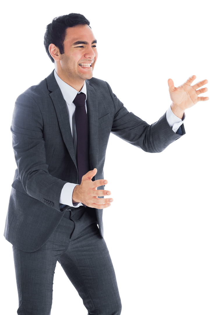 Biracial Businessman Smiling with Open Arms on Transparent Background