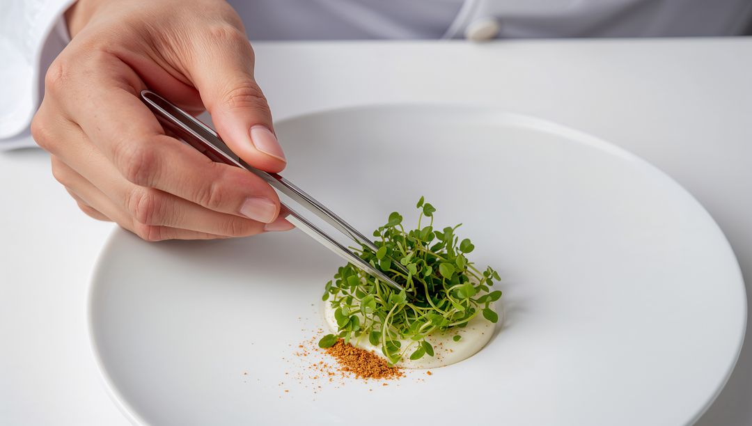 Chef placing microgreens on velvety cream puree with precision tweezers for modern plating