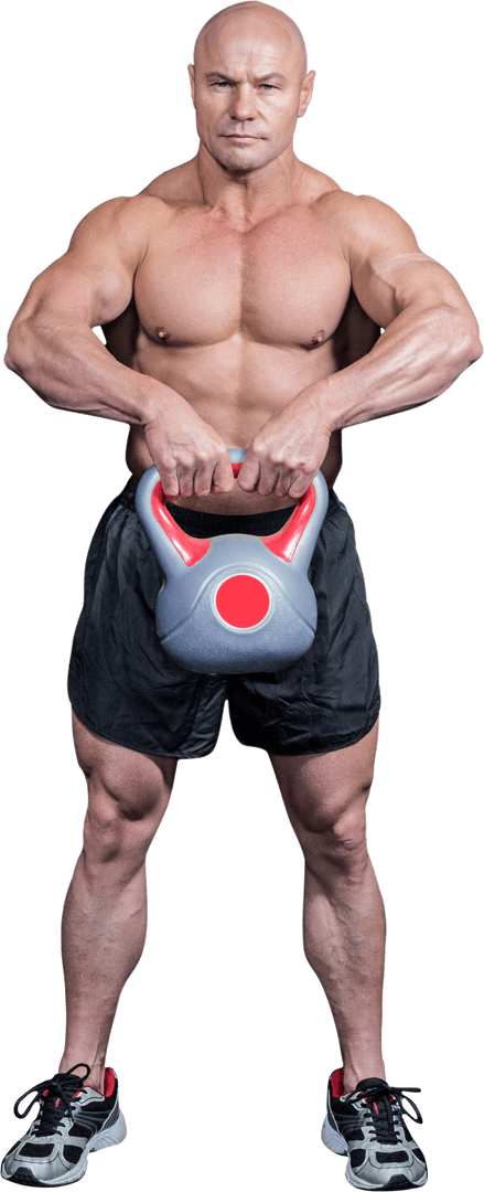 Transparent Portrait of Bald Bodybuilder Holding Kettlebell