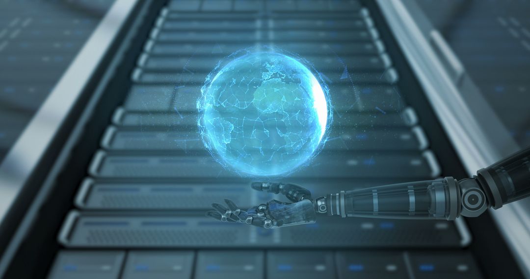 Futuristic Robotic Hand Holding Digital Globe