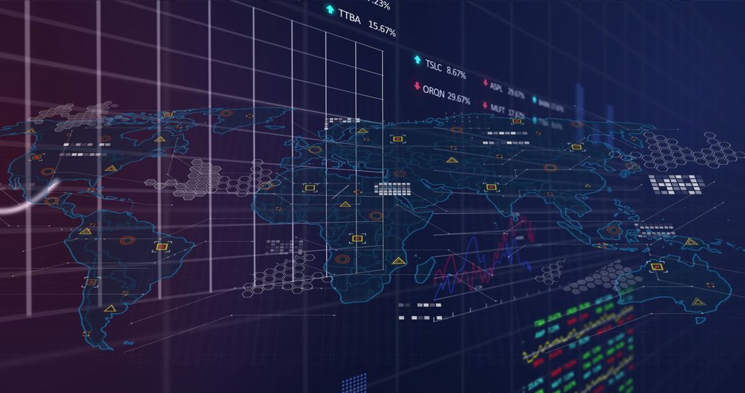 Futuristic World Map with 3D Data Overlays and Floating Tickers