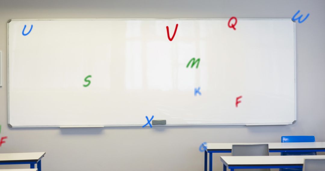 Floating Alphabet in Modern Classroom with Whiteboard