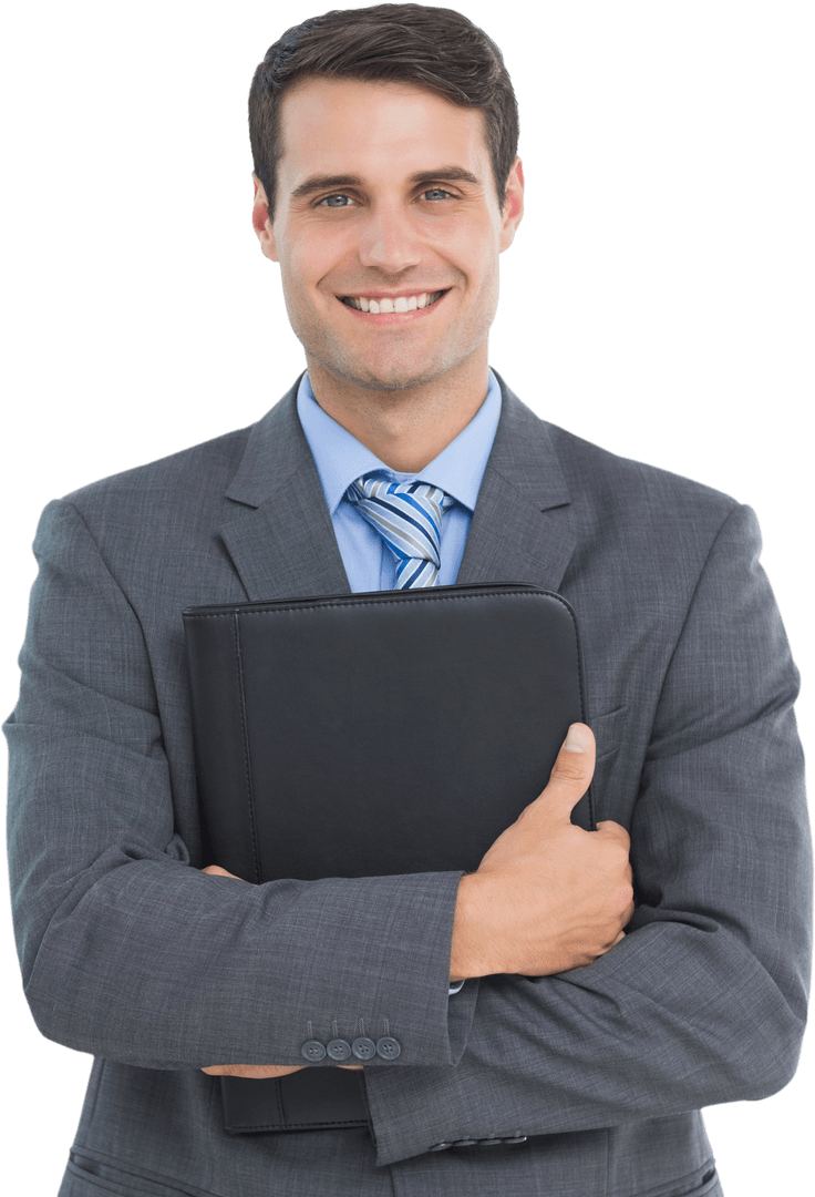 Transparent Confident Businessman Holding Portfolio Smile